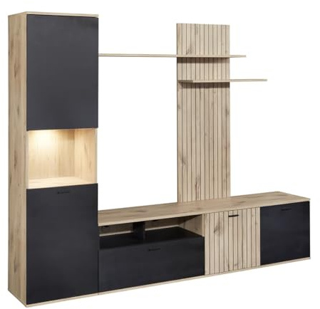 AltoBuy NIVER - Meuble TV Mural avec Banc TV et Colonne LED inclue et Aspect Bois Noir