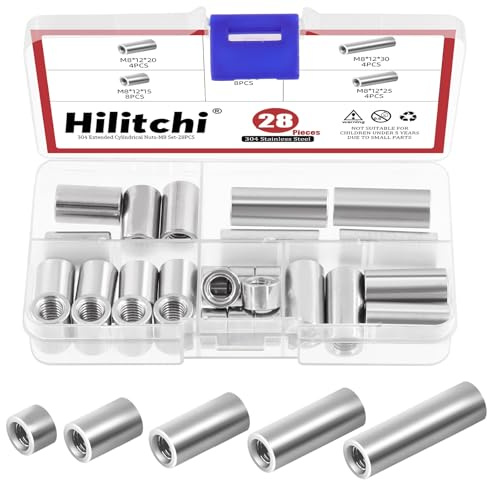 Hilitchi 28Pcs M8 Round Connector Nuts 304 Stainless Steel Round Coupling Nuts 8mm 15mm 20mm 25mm 30mm Sleeve Rod Coupling Round Connector Nuts for Bracket Mechanical Construction