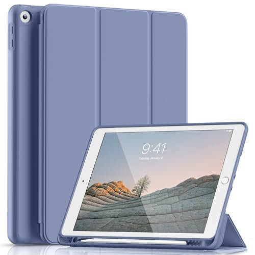 Lsmmpoba Hülle für iPad 9. / 8. / 7. Generation mit Stifthalter 10.2 Zoll Modell 2021/2020 / 2019, Ultradünne Schutzhülle aus TPU mit Standfunktion für iPad 10.2, Blau grau