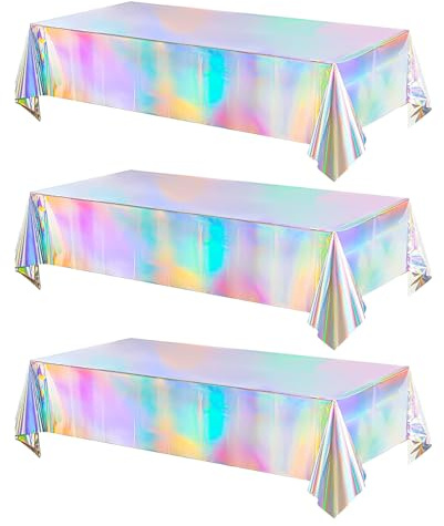 Meng Jiaran 3 Pack Iridescent Party Table Cloths, 54'' x 108'' | Tablecloth for Mermaid/Birthday Party Rainbow Holographic Rectangle Table Covers for Wedding Christmas Party Decorations
