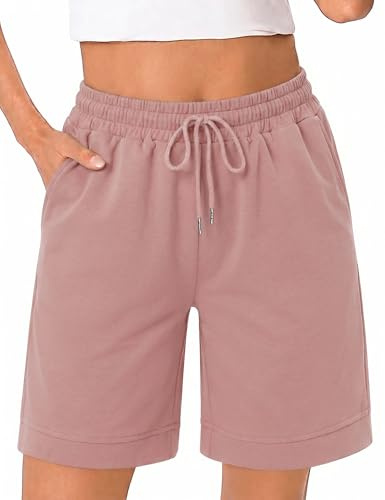 Uniexcosm Bermudashorts för kvinnor, sommar, korta sportshorts, dam, hög midja, shorts med fickor och dragsko, fritidsshorts för badsemester, löpning, gym, ROSA, L