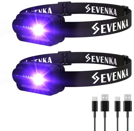 SEVENKA 2 UV Headlamp Flashlight Black Light, Rechargeable LED Hand Free Mini UV Blacklight 395nm Head Lights with White & Ultraviolet Light, Detector for Pet Dog/Cat Urine Stains,Bed Bug,Scorpions
