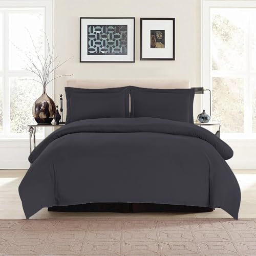 King Size Bed Duvet Cover Set Fitted Bed Sheet & Pillowcases 4 PCS Charcoal Grey - 100% Brushed Fabric (King (U.K. Standard))
