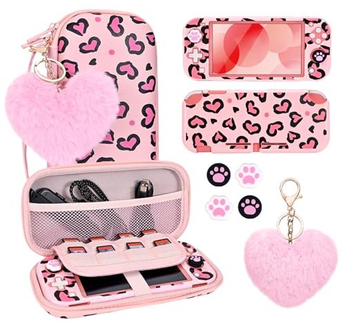 DLseego Carry Case for Switch Lite,Leopard Heart Theme Carry Travel Case with Protective Cover,4PCS Thumb Grip Caps and 1PC Plush Heart Charm,Pink