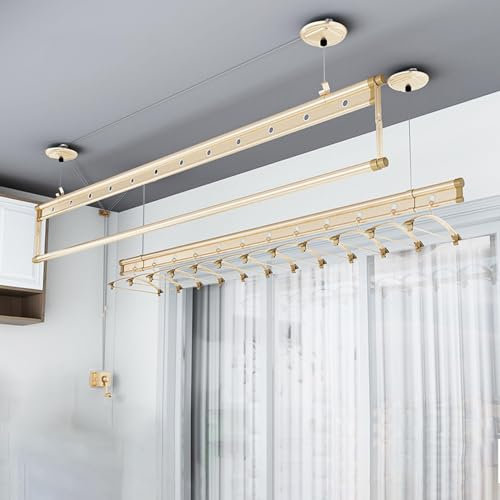 TAUIANE Stendibiancheria da Soffitto, Stendibiancheria Retrattile, Alluminio, 78,8 Pollici di Lunghezza, Tre Pali, per Casa, Lavanderia, Appartamento,d'oro,2M