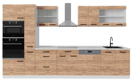 Vicco Küchenzeile R-Line, Goldkraft Eiche/Weiß, 350 cm | 9 Module · Höhenverstellbare Füße · Ohne Arbeitsplatte · Robuste Fronten · Mit Backofen-/Mikrowellenschrank