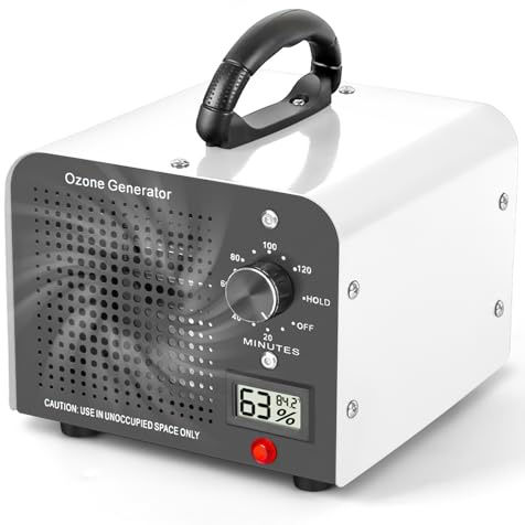Generador de Ozono 60000mg/h, Máquina de Ozono con Indicador de Temperatura y Humedad, Desinfectador de Ozono Purificador de Aire con Temporizador, Ozonizador para Hogar, Coche, Mascotas (Blanco)