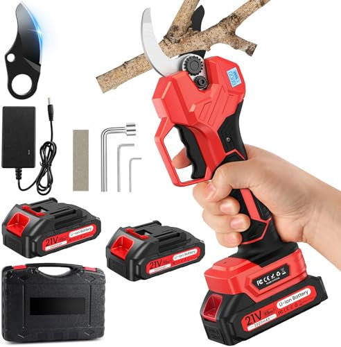 POIFL Forbici Potatura a Batteria, 50mm 4000mAh Forbici Potatura Elettriche con Display, 2 batterie da 2000 mAh Funzionare per 6-8 ore, Valigetta, Forbici a Batteria per Frutteto, Giardino, Fattoria