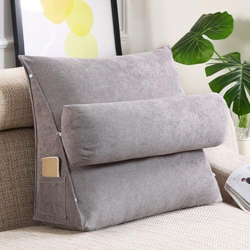 GYCS Keilkissen, Rückenstützkissen, Rückenkissen Mit Abnehmbarer Nackenrolle Und Seitentasche,Lesekissenfür Bett, Bezug Waschbar,Sleepling Kissen,Lendenwirbelkissen Bett,Smoky Gray,45 * 45 * 20cm