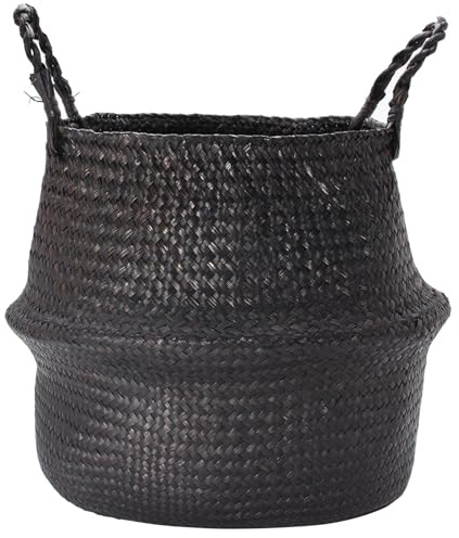 Wuyangcun Handgefertigter schwarzer gewebter Seegraskorb, Aufbewahrungskorb mit Griffen, Blumentopf für Heimdekoration (30 x 26 cm)