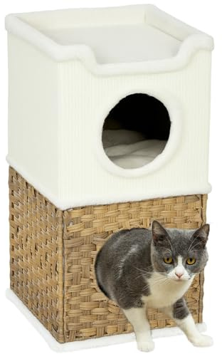 PawHut Tonneau à chat à trois étages de 75,5 cm de haut avec bord en peluche, coussin, grotte, arbre à chat pour chats de taille moyenne, blanc crème