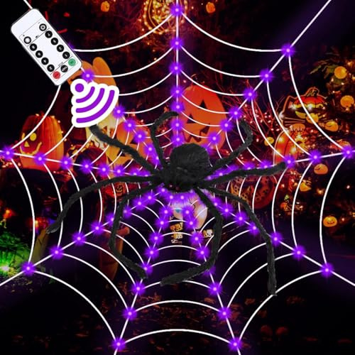Halloween Deko Outdoor, 1.25M Groß Spinne + 3.6M Rund Spinnennetz Leuchtend, 120 Violette LED und 8 Lichtmodi Spinnennetz mit Fernsteuerung Halloween Deko Draußen für Garten Rasen Party Grusel