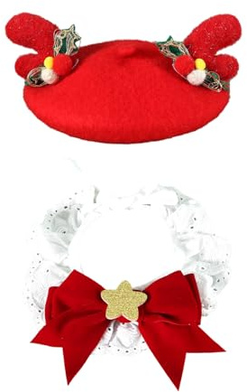 Weihnachtsmütze für Welpen, Mistelzweig, Hund, Weihnachtsmütze, festliche Schleife, Sternkragen, Foto-Requisiten, Spitzen-Halskette und Mistelzweig, für Neujahr, Haustier für Katzen