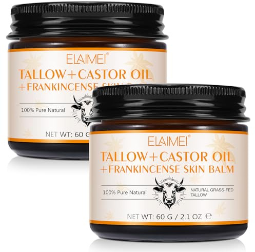 2Pack Tallow, Castor Oil and Frankincense Oil Skin Balm, 100% Grass-Fed Tallow for Face & Body Moisturizer, Deep Moisturizing Cream, Moisturizer for Dry, Cracked Skin, All Skin Types