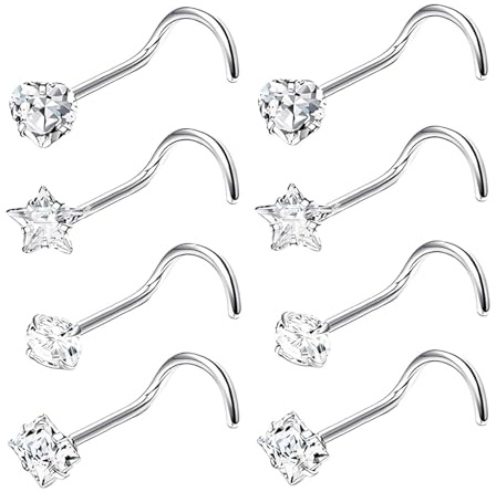 8PCS Silver Nose Studs, Stainless Steel Corkscrew Nose Piercings, Nose Piercing Jewellery with Small Size for Daily Wear Party Dating Suitable for Women Men Jewellery Piercing Accessories Lover