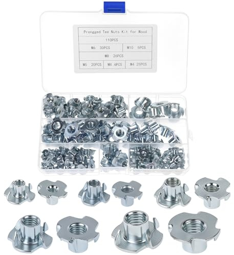 QWORK® 110-Teiliges Einschlagmuttern – M4/M5/M6/M8/M10, Vierzinkige Gewindeeinsätze für Holzmöbel und Schränke, Verzinktem Kohlenstoffstahl