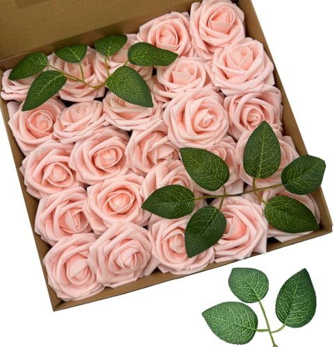 BOVUN 25 PCS Red Artificial Roses Real-Touch Foam Flowers with Flexible Stems Lifelike Roses for DIY Crafts, Bridal Bouquets, Centrepieces, Parties and Home Decoration (PINK)