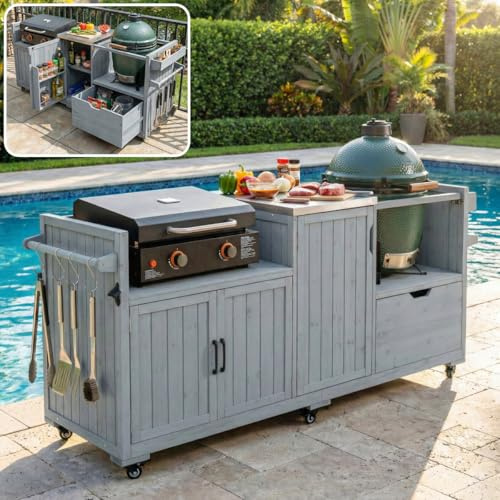Kennkari 80.5 Outdoor Kitchen Island for Big Green Egg and Stainless Steel Top, Solid Wood Grill Cart with Blackstone Griddle, Rolling Bar Cart with Drawer for Pizza Prep and BBQ (Blue)