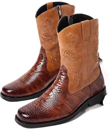 TRRYUIP Cowboystiefel Herren Klassische Herrenstiefel Retro Reitstiefel Mann Stickerei Ritterstiefel Mid-Calf Style Freizeitschuhe(Yellow,45)