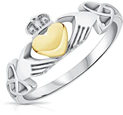 DTPsilver® Bague Claddagh en Argent Fin 925 - Amour, Loyauté et Amitié - Cœur Plaqué Or Jaune avec Nœud Celtique