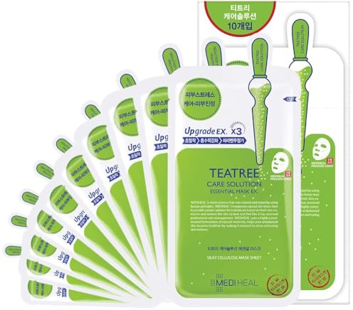 Mediheal Teatree Care Solution Essential Mask EX. 10 Masks - Skin Soothing & Sebum Control Mask Pack for Sensitive Oily Skin Korea No. 1 Leaf Mask
