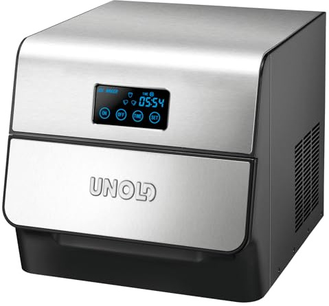 Unold Edel 48955 - Eiswürfelbereiter 1.5l, Rostfreier Stahl, 1 Load, Eiswürfel in 1 h, Touch Display, digitaler Timer, klare Eiswürfel