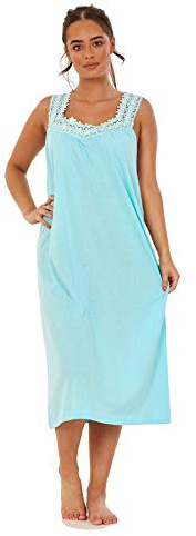 Apparel Ladies Plain Nightdress 100% Cotton V Neck lace Strap Long Nightwear M to 3XL Aqua