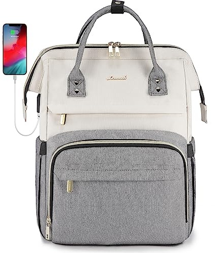 LOVEVOOK Laptop Backpack Women 17 inch, Large School Computer Bag with USB Port, Work Backpacks Bags for Womens Business College Travel Rucksack for Teacher Nurse,BeigeGrey