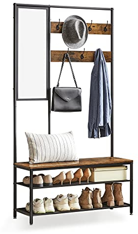 VASAGLE Kleiderständer, Garderobe, Garderobenständer mit Haken, Spiegel, Sitzbank, 35 x 98 x 180 cm, für Eingangsbereich, Schlafzimmer, Wohnzimmer, Industrie-Design, vintagebraun- schwarz HSR415B01
