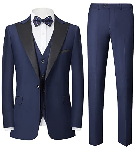 Sliktaa Män kostymer 3-delat set smal passform enkelknäppt en knapp formell smoking kostym bröllop affärer prestanda blazer väst byxor, BLÅ, XL