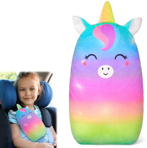 MHJY Seat Belt Pads for Kids Cute Unicorn Car Pillow Seatbelt Strap Cover Comfortable Seat Belt Covers Head Neck Support for Toddlers Girls Boys Children, Rainbow