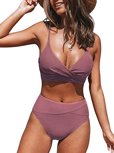 CUPSHE Women's Twist Front High Waisted Bikini Set V Neck Padded Two Pieces Bathing Suits Swimsuits