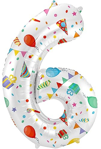 Folat 64176 Luftballon Geburtstag Ziffer Zahl 6 Joyful Party Weiß mit Geschenke und Dekoration 86 cm - Helium Ballon Decoration Geburtstagdeko, Ballon Zahl