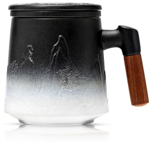 suyika Ceramic Tea Cup with Infuser and Lid, Gradient Embossed Large Tea Mug Wooden Handle for Steeping Loose Leaf, Tea Lover Gifts 15.2 oz / 450 ml,Matte Black