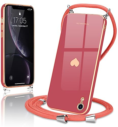 Wirvyuer Handyband Kompatibel mit iPhone Xr Handyhülle Necklace Hülle mit Band zum Umhängen Kameraschutz Liebesherz Schutzhülle mit Halsband Galvanik Silikon Umhängetasche für iPhone Xr Rot