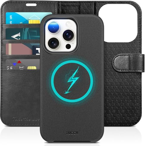 TUCCH Hülle für iPhone 15 Pro 5G 2023 (6,1 Zoll), 2-IN-1, Schwarz | MagnetKlapphülle, Kabelloses Laden, Kartenfach, Handyhülle, RFID Blocker, Schutzhülle, Kompatibel mit iPhone 15 Pro