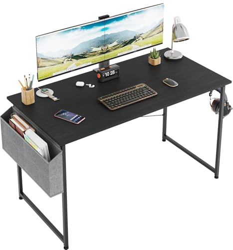 Schreibtisch, Computertisch mit Kopfhörer Halter und Aufbewahrungstasche, Stabil Arbeitstisch, Industrie-Design, PC Tisch, Kleiner Bürotisch Officetisch für Home, Office (Schwarz, 120 x 60 x 75 cm)