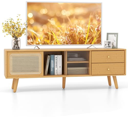 KOMFOTTEU Meuble TV en Bambou, Banc TV avec 2 Troirs et Armoire à Porte en Rotin, Table TV avec Étagère Ouverte à 2 Niveaux & Porte Coulissante en Verre, 140 x 31 x 45,5 cm