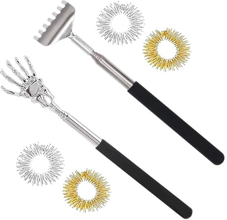 Rückenkratzer, Edelstahl Teleskop Rücken Kratzer, 2 Pcs Teleskop Rückenkratzer und 4 Pcs Massageringe für Finger, für Kopf, Rücken und Finger Massage