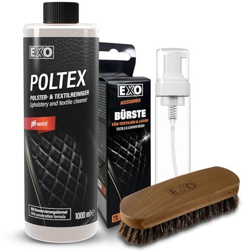 EXO® Polsterreiniger Set (1 Liter) mit 200 ml Foamer und Bürste |POLTEX Textil- und Polsterreiniger für Teppiche, Autositze, Polstermöbel, Leder | pH-neutraler Innenreiniger