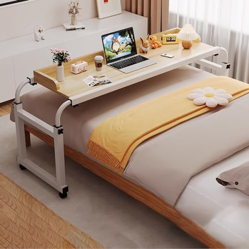 Nachttisch mit Rollen, Lesetisch Fürs Bett, Mobiler Computertisch, Steharbeitsplatz, Laptopwagen, Überbetttisch mit Robustem Metallbein