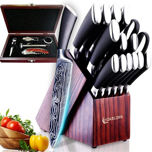 Knife Set Kitchen Knife Set with Knife Block, 15-Piece Professional Stainless Steel Damascus Set with Built-in Knife Sharpener and Wine Gift Box