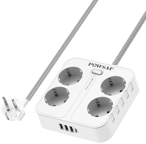 POWSAF Reglette de Prises Quadruple avec Quatre Ports de Charge USB, pour Montage en Pared, pour Maison et Bureau - Blanc