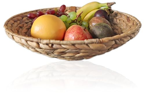 FRIHET Geflochtene Obstschale Dekoschale Brotkorb Ø 36 cm aus Naturmaterial für Küche, Flur, Wohnzimmer und Esstisch (Wasserhyazinthe 36cm Durchmesser, 10cm Höhe)