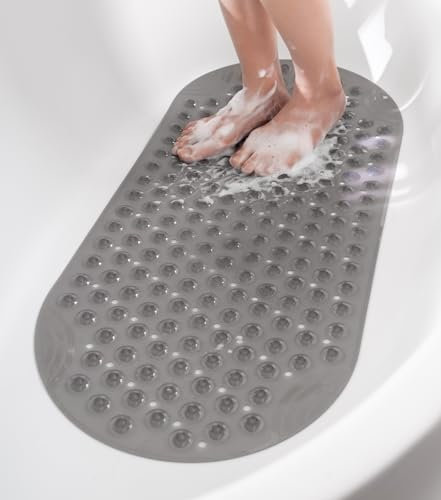 HITSLAM Oval Badewannenmatte rutschfest 88 x 40 cm, Lange Schimmelresistent Badematte, Badezimmer Duschmatte rutschfest BPA frei, Maschinenwaschbar Antirutschmatte Badewanne, Grau