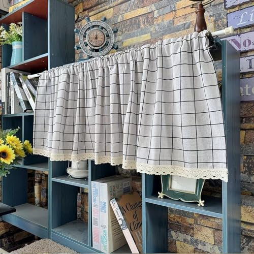A.Monamour Gardine Scheibengardinen Kurzstores Baumwolle Leinen Weiß Kariert Blickdicht Kurzvorhang Kurzgardinen Küchengardine Küche Vorhang Fenster Kurz Stores Bistrogardine