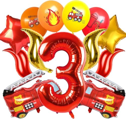 Feuerwehrauto Luftballon Set für 3. Geburtstag - 21 Stück Kindergeburtstag Deko, Folienballon, Luftballons für Feuerwehr Thema - 3 Jahre Jungen Mädchen Party Dekoration