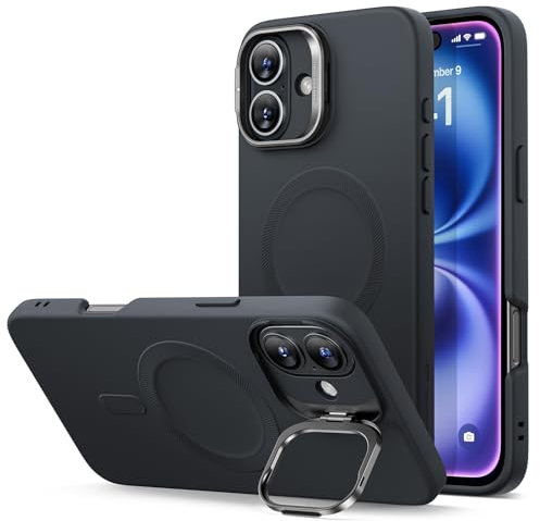 ESR for iPhone 16 Plus Case, Silicone Case with Stand, Compatible with MagSafe, Military-Grade Protection, Built-In Camera Stash Stand, Magnetic Phone Case for iPhone 16 Plus, Cloud Series, Black
