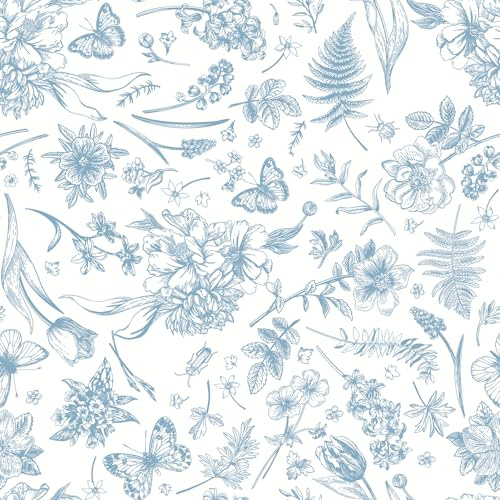 CiCiwind Self Adhesive Wallpaper 44CM×3M White Blue Floral Vinyl Wrap Peel and Stick Wallpaper Flower Leaf Butterfly Stick on Wallpaper Waterproof Sticky Back Plastic for Wall Cabinets Decor