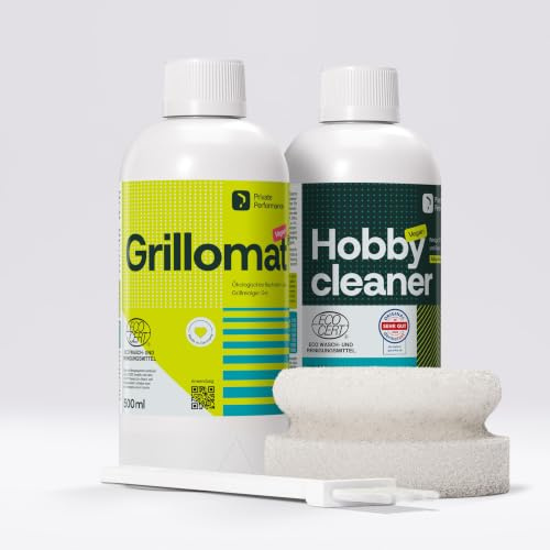 GRILLOMAT® Grillreiniger & HOBBYCLEANER Allzweckreiniger 2 x 500 ml | Grill- und Allzweckreiniger im Doppelpack • Inklusive Schwamm und Pinsel • ECOCERT, vegan und vielseitig einsetzbar